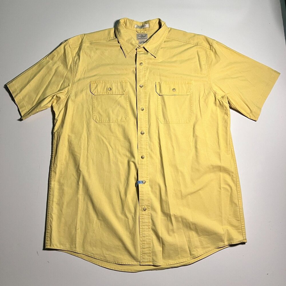 LL Bean Shirt Men Large Tall Yellow Cotton Short Sleeve Traditional Fit